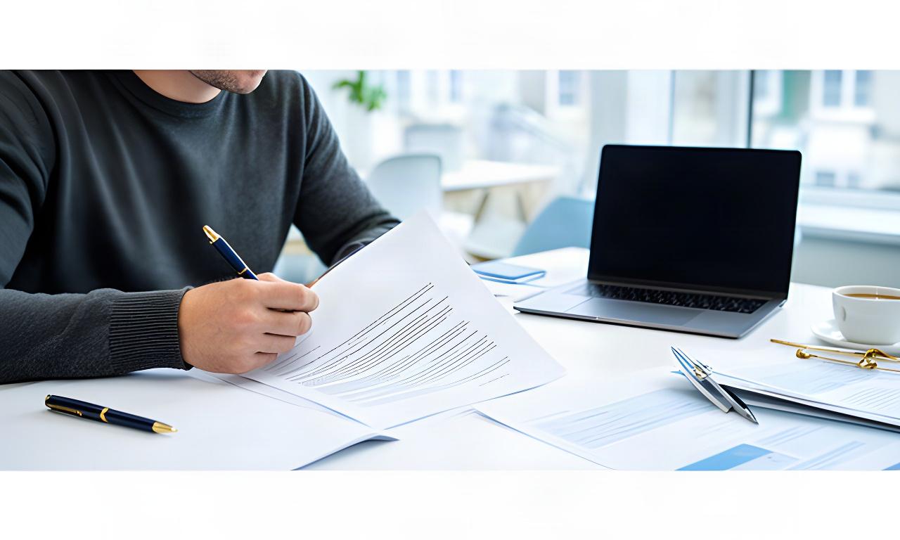 Business owner reviewing a printed service agreement at a desk in a bright Irish office