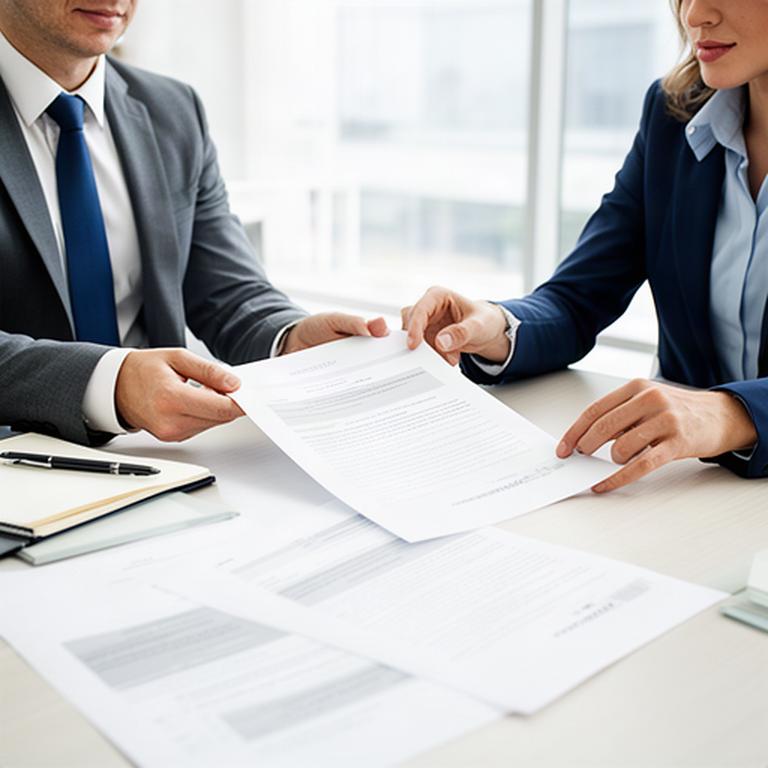 Business owner and adviser reviewing a printed employment agreement at a bright office table