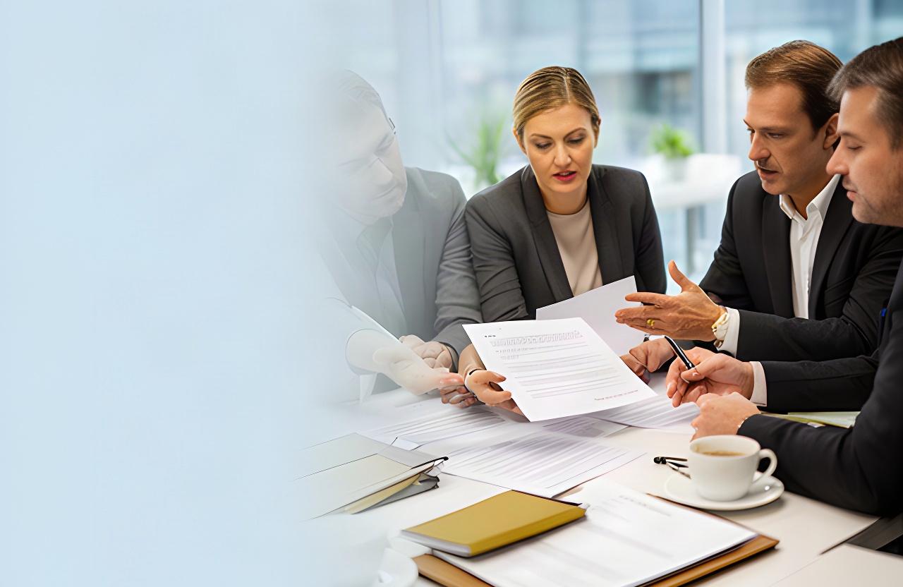 Business owners reviewing company ownership papers and a transaction agreement around a meeting table