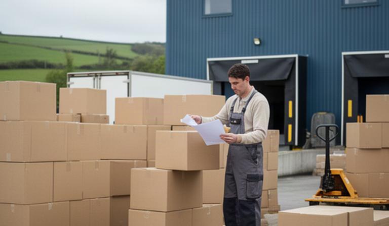 Wholesale cartons being checked beside a distribution warehouse loading bay in Ireland
